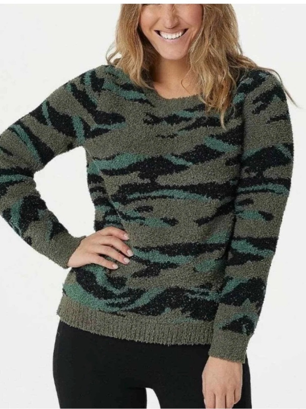 Barefoot Dreams Olive Green Camo Crewneck Sweater NWT